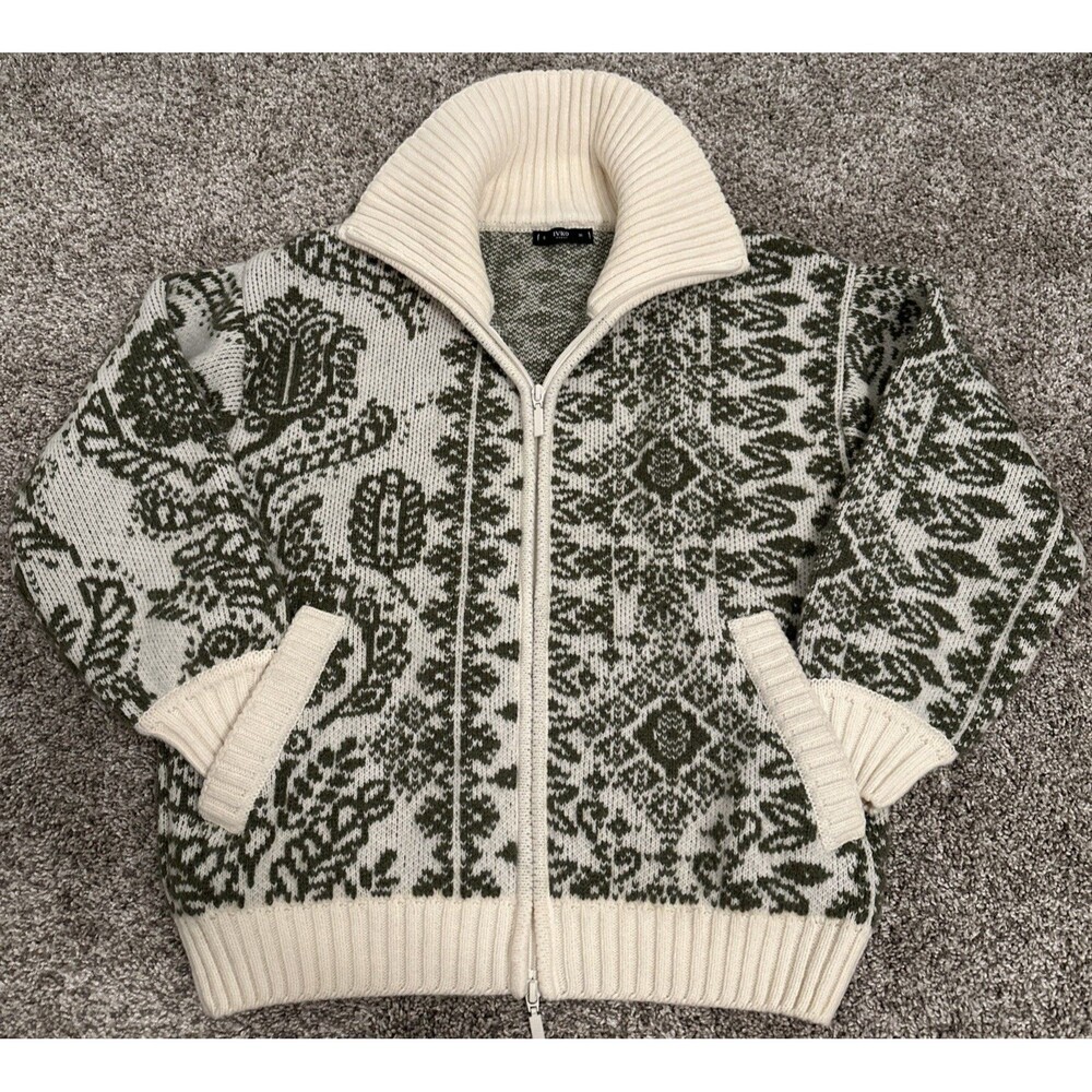 IVKO Rollneck Zip Jacket Beige/Sage Ornament Pattern Women’s Size 36 Gently Used